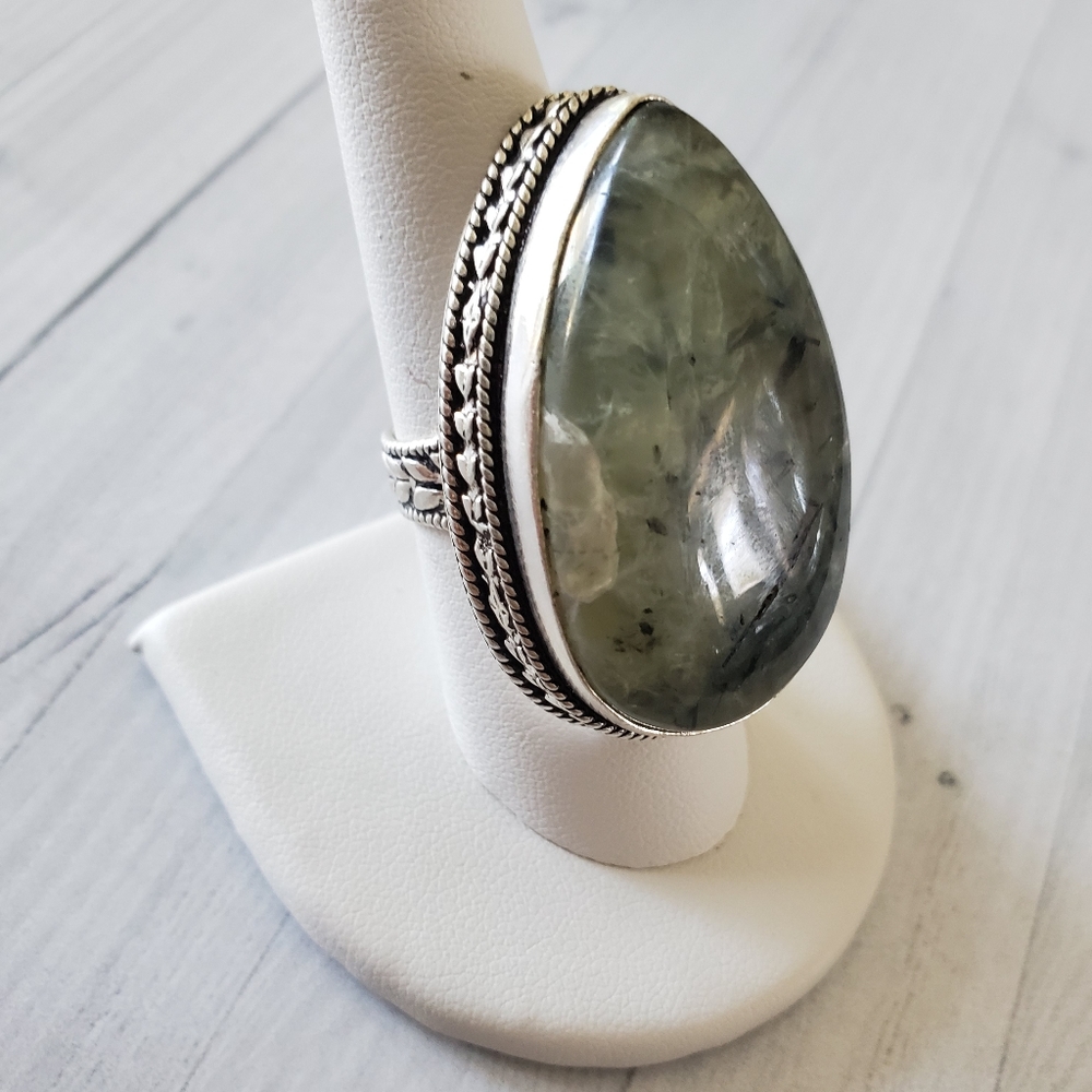 Huge Moss Prehnite  .925 Silver Ring NWOT